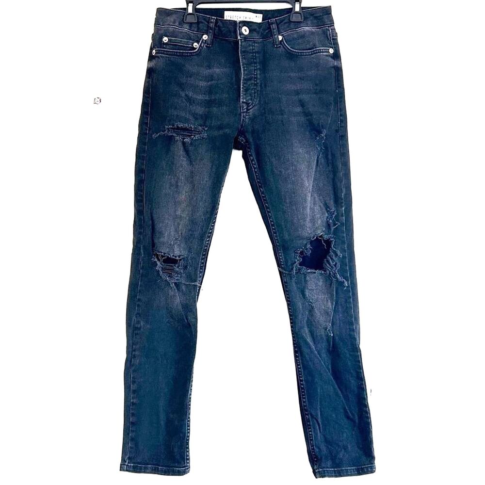 Topman Men Jeans Size 30 Streetwear Black Wash Distressed Ripped Stretch Retro